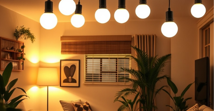 Cozy living room illuminated by soft white bulbs