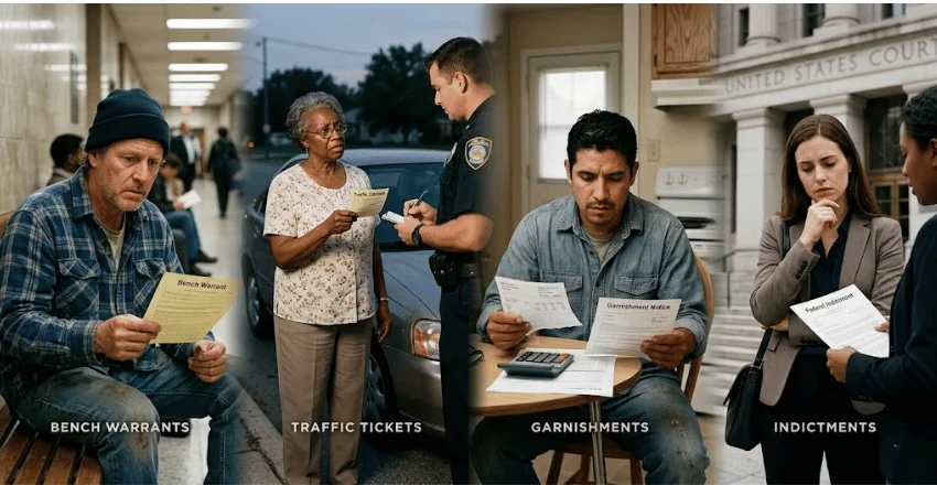 Warrants, tickets, garnishments and indictments